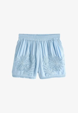 Világoskék pamut rövidnadrág elasztikus derékpánttal, mindkét oldalon hímzett virágmintákkal és díszítő varrással a széleken.