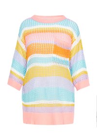 Kolorowy, krótkorękawowy sweter z dzianiny o luźnym kroju. Posiada paskowe wzory w pastelowych odcieniach różu, żółci, pomarańczy, niebieskiego i fioletowego.