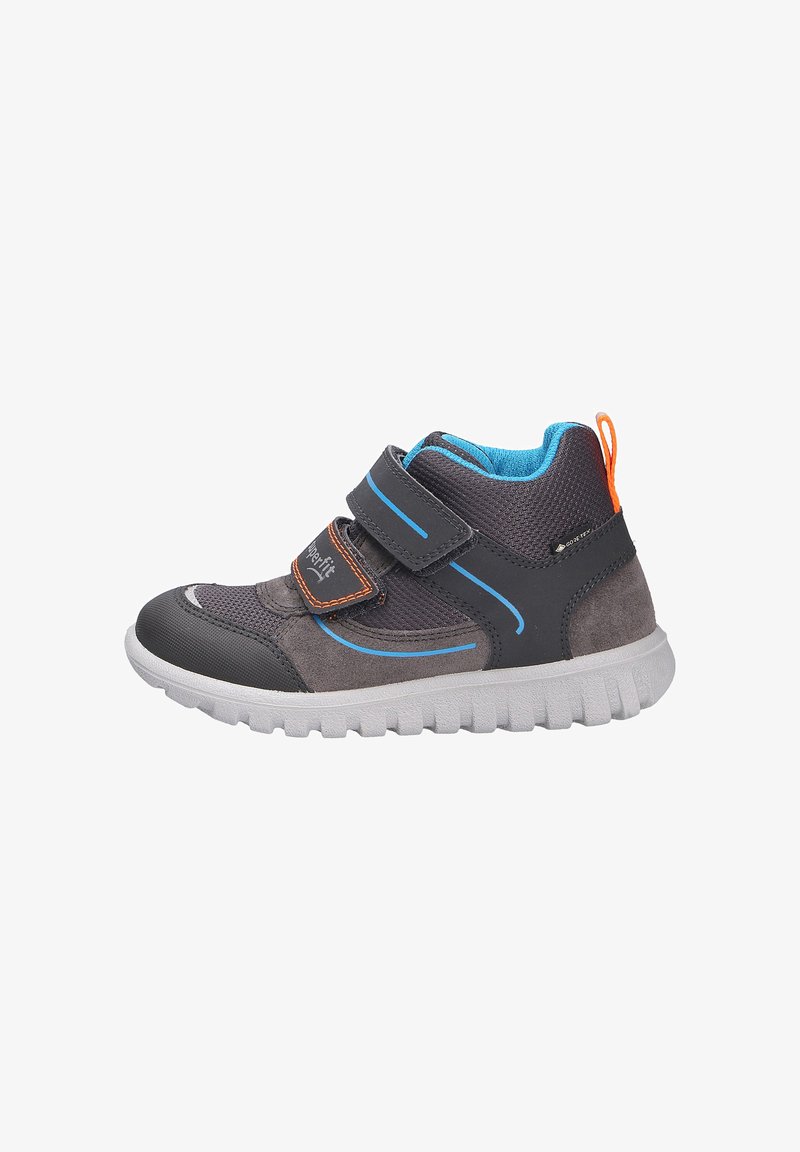 Grey and blue athletic shoe with a textile upper, suede accents, two Velcro straps, and a thick white rubber sole. Features an orange pull tab.