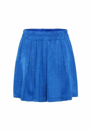 Shorts plissés bleus en tissu texturé avec une ceinture lisse. Présente une couleur unie et vive.