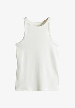 Balta, šonkaine raštuota liemenėlė su apvaliomis apykaklėmis ir plačiomis petnešėlėmis. Minkšta, tampri medžiaga su prigludusiu dizainu. Nėra matomų logotipų.