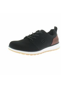 Black mesh sneaker with a textured upper, gray laces, and a brown leather accent. Features a white midsole and a tan rubber outsole.