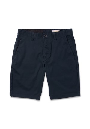 Pantaloncini da uomo di lunghezza al ginocchio in blu navy scuro con bottone frontale, passanti per cintura e tasche laterali, etichetta della taglia visibile all'interno della cintura.