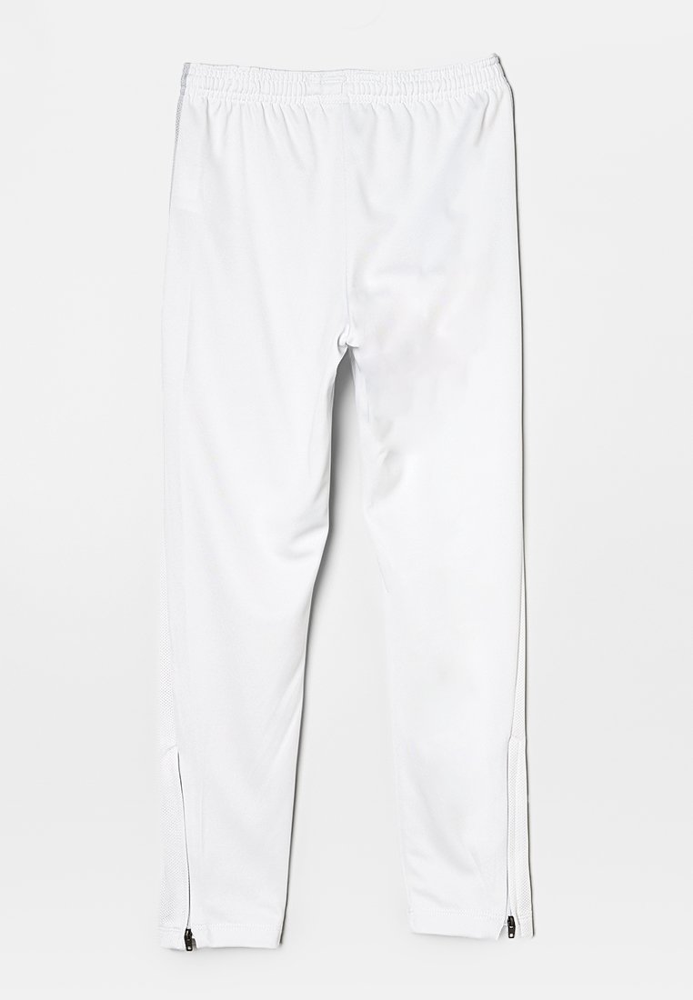 Pantalons de sport blancs avec une taille élastique, design de jambe fuselée et zippers en bas pour un ajustement réglable. Fabriqués en tissu respirant.