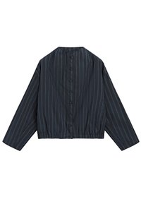 Schwarze langärmelige Jacke zum Knöpfen mit dünnen vertikalen blauen Streifen und elastischem Saum, flach liegend.