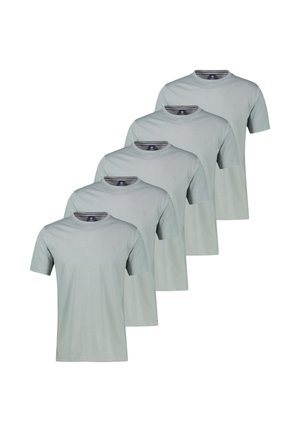 Cinque t-shirt girocollo a maniche corte di colore grigio chiaro, disposte in una fila sfalsata e sovrapposta.