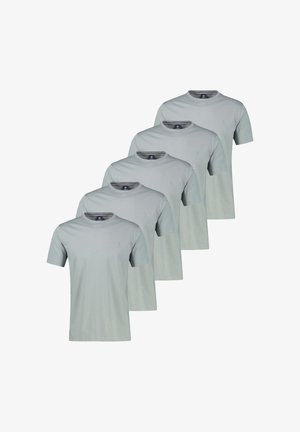 Fünf einfarbige, hellgraue T-Shirts mit Rundhalsausschnitt und kurzen Ärmeln, die in einer versetzten, überlappenden Reihe angeordnet sind.