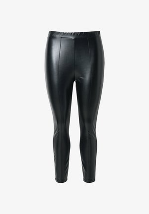 Schwarze Leggings aus Kunstleder mit glatter Textur, elastischem Bund und Nahtdetails an der Vorder- und Rückseite für eine enganliegende Optik.