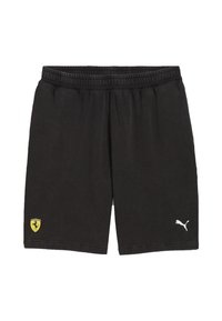 Sorte sportsshorts lavet af blødt materiale med elastisk talje. Har et gult Ferrari-logo og et hvidt Puma-logo på siden.
