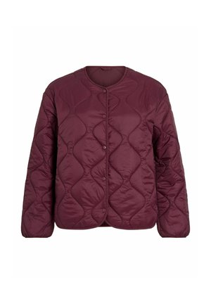Giacca trapuntata color bordeaux con collo rotondo, chiusura a bottoni a pressione e cuciture a motivo ondulato sul davanti e sulle maniche.