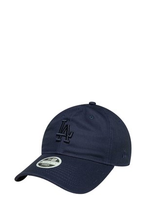 Navy baseball cap made of cotton, featuring embroidered "LA" logo on the front, curved visor, and adjustable strap at the back.