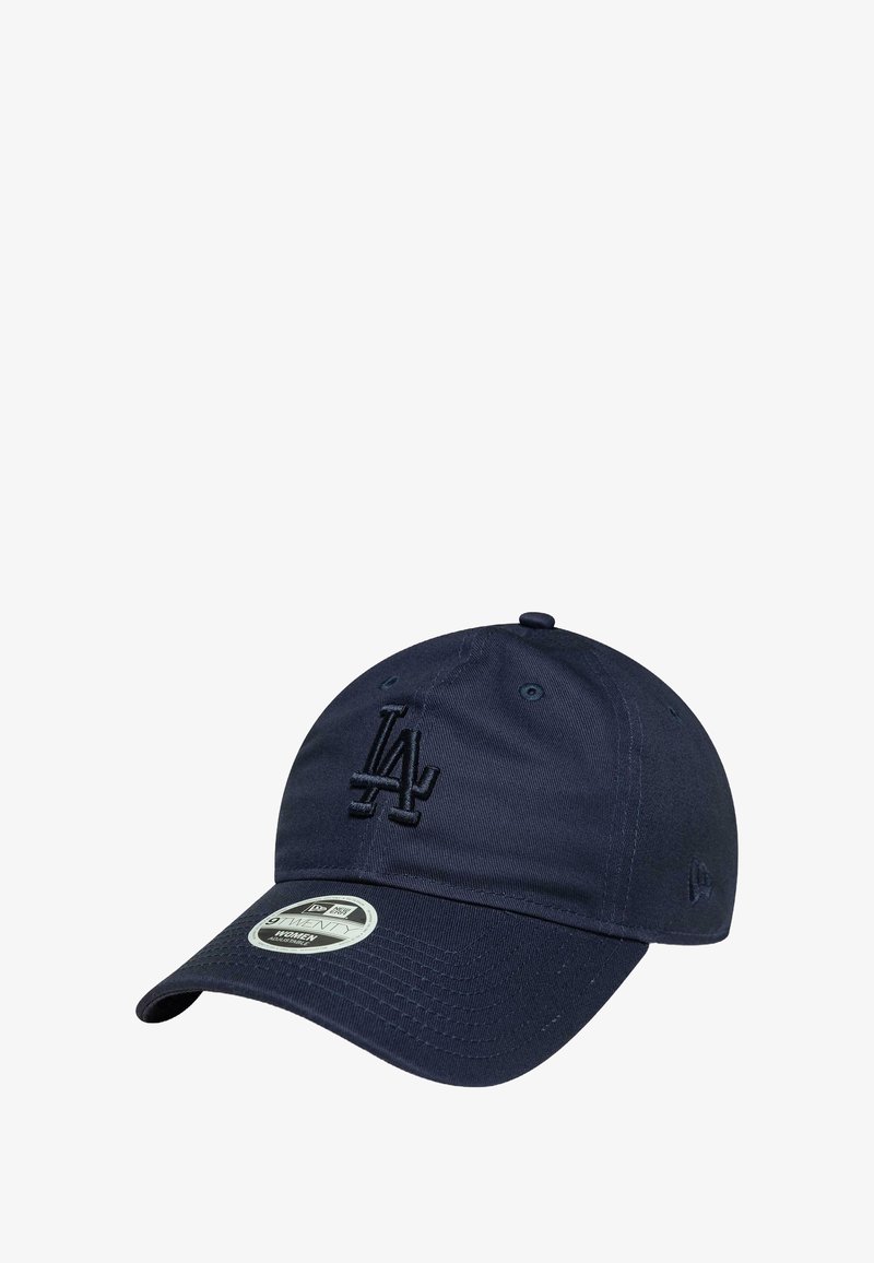 Navy baseball cap made of cotton, featuring embroidered "LA" logo on the front, curved visor, and adjustable strap at the back.