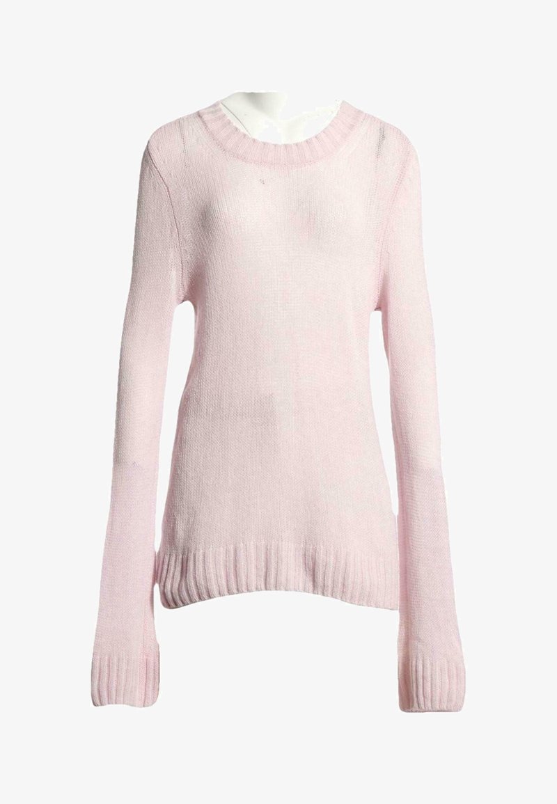 Pull tricoté à manches longues rose clair avec poignets et ourlet côtelés, présenté sur un buste de mannequin blanc sur fond blanc.