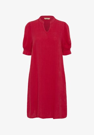 Punainen, polveen ulottuva mekko, jossa on korkea kaula-aukko, lyhyet puffihihat ja rento leikkaus, valmistettu kevyestä, teksturoidusta kankaasta.