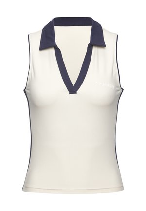 Ärmelloses Poloshirt in Creme mit einem marineblauen Kragen und Besatz. Verfügt über einen tiefen V-Ausschnitt und das "CPNHGN"-Logo auf der linken Seite. Glatte Textur.
