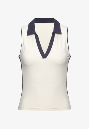 Sleeveless polo top in cream with a navy collar and trim. Features a deep V-neck and "CPNHGN" logo on the left side. Smooth texture.