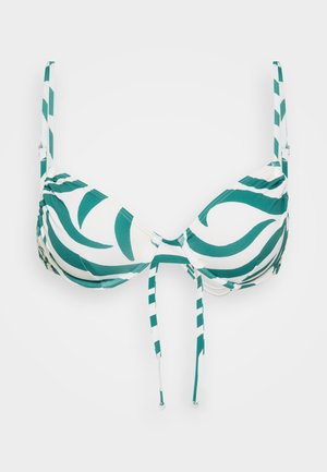 Grønn og hvit stripete bikinitopp med formede kopper, justerbare stropper, og en knute detalj i midten, med et bladmønster.