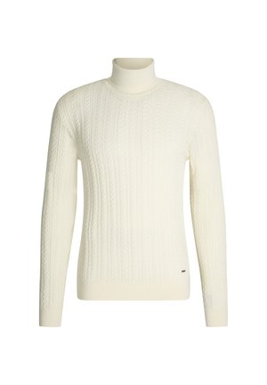 Kremowy sweter z kołnierzem typu turtleneck, wykonany z miękkiego materiału, z prążkowanymi wykończeniami przy mankietach i u dołu oraz z małym logo marki.