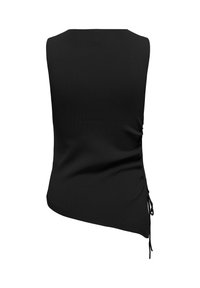 Haut noir sans manches avec ourlet asymétrique et liens latéraux réglables, vu de dos.
