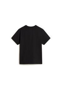 Sort bomulds T-shirt med korte ærmer, rund halsudskæring og en glat overflade. Ingen synlige mønstre eller detaljer på bagsiden.