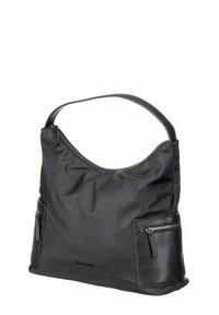 Sac d'épaule en nylon noir avec une poche accent en cuir texturé, forme incurvée, fermeture éclair supérieure et sangle réglable. Deux poches latérales zippées.