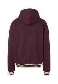 Dunkellila Kapuzenpullover mit langen Ärmeln, gerippten Bündchen und Saum mit beigen und lila Streifen, Rückansicht.