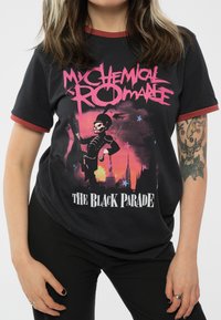 Black t-shirt with red accents featuring a graphic design of a skeleton in military attire, labeled "My Chemical Romance The Black Parade."