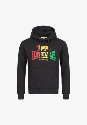 Czarna bluza z kapturem z kieszenią kangurzą, z wielokolorowym logo graficznym lwa oraz napisem "Lonsdale London" w czerwonym, żółtym i zielonym kolorze.
