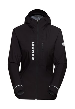 Czarna wodoodporna kurtka z zamkiem z przodu, regulowanym kapturem, dwiema kieszeniami na zamek i odblaskowymi akcentami. Posiada wyraźne białe logo z przodu i na rękawie.