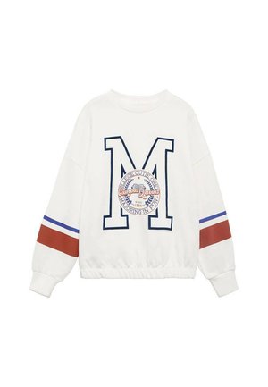 Weißer Sweatshirt mit großem marineblauen "M"-Logo, zirkulärem Textgrafik und rot-blauen Streifenakzenten an den Ärmeln. Elastischer Bund an der Taille.