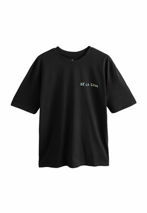 Black cotton t-shirt with short sleeves featuring a multicolored "DE LA SOUL" logo on the front. Standard crew neck design.