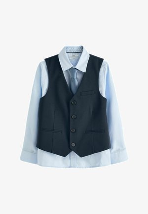 Dunkelgraue maßgeschneiderte Weste mit fünf Knöpfen und zwei Vorderaschen, kombiniert mit einem hellblauen Hemd mit Kragen, das ein gemustertes Innenfutter hat.