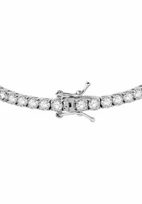 Bracciale in argento con una fila di gemme rotonde e trasparenti, dotato di una chiusura sicura, che presenta una finitura liscia e lucida e un design sobrio.