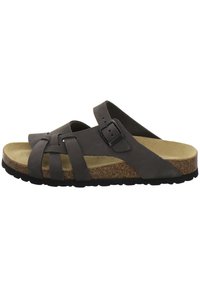 Gray leather sandal with wide straps, adjustable buckle, cork footbed, and black rubber sole. Open-toe and backless design.