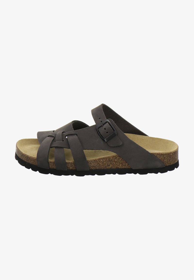 Gray leather sandal with wide straps, adjustable buckle, cork footbed, and black rubber sole. Open-toe and backless design.