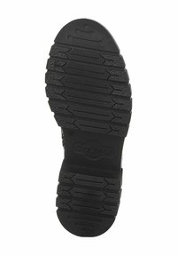 Black rubber shoe sole with textured patterns and grooves for traction, featuring S.Oliver branding embossed on the heel.
