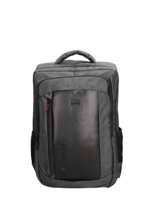 Sac à dos rectangulaire noir et gris pour ordinateur portable, souple, avec poignée supérieure, poches avant zippées et poches latérales en filet.