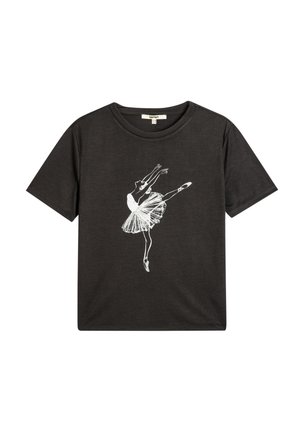 Black t-shirt made of cotton, featuring a white ballet dancer graphic. The design includes a tutu and ballet shoes, with short sleeves.