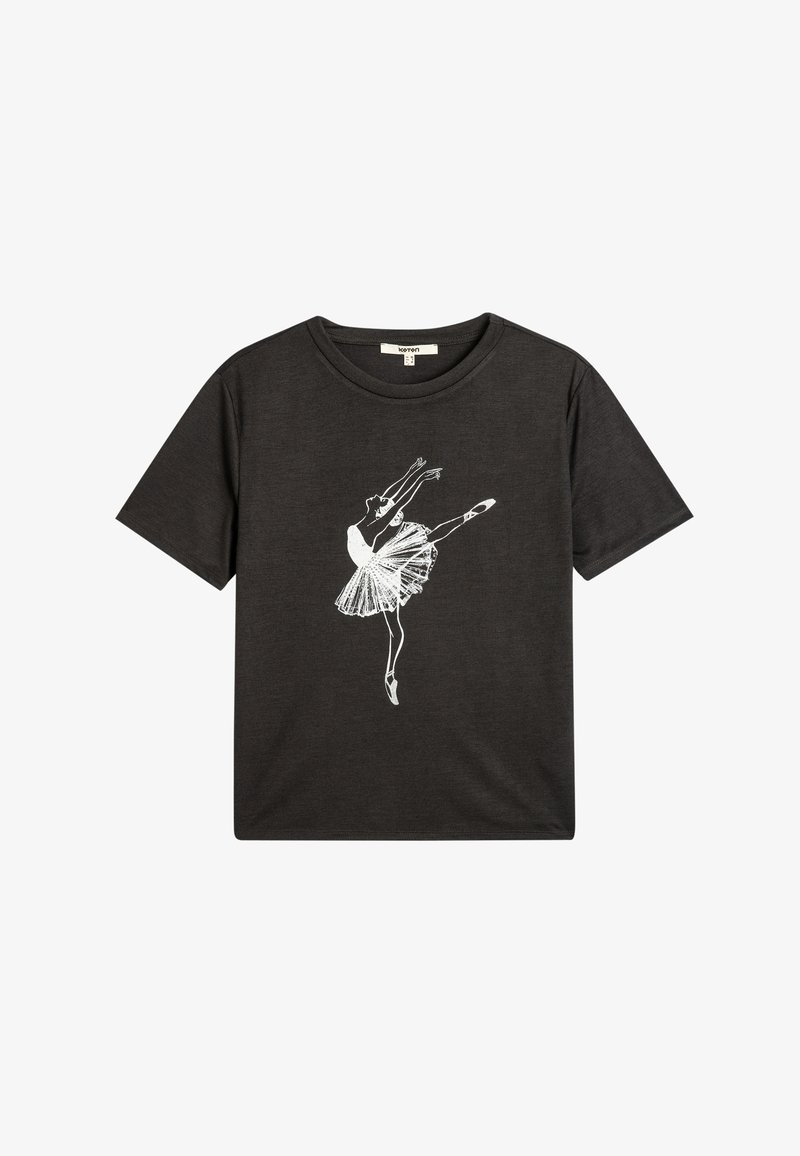 Czarny t-shirt wykonany z bawełny, z białą grafiką baletnicy. Wzór zawiera tutu i baletki, z krótkimi rękawami.