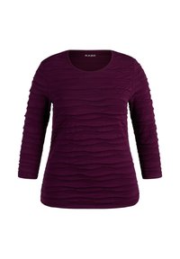 Langärmliges Oberteil in Dunkelviolett, mit einem strukturierten Design aus geschichteten, welligen Stoffen. Runder Ausschnitt und figurbetonte Silhouette.