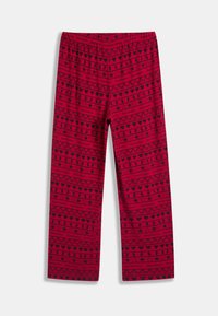 Piros mintás leggings, geometriai mintákkal, szívekkel és csillagokkal díszítve. Puha anyagból készült, elasztikus derékpánttal a kényelemért.