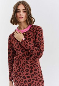 Šaty s leopardím vzorem v odstínech hnědé s černými skvrnami. Mají kontrastní růžový límeček a dlouhé rukávy. Měkká, texturovaná tkanina.