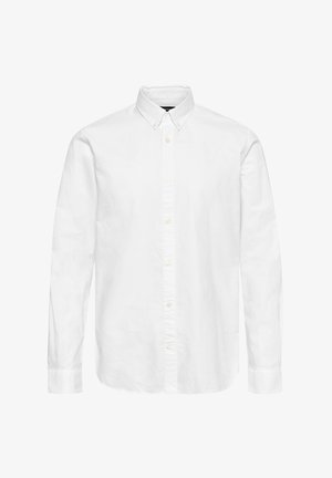 Biela dlhá košeľa na gombíky s golierom zapínateľným na gombíky a viditeľnými prednými gombíkmi, zobrazená na jednoduchom bielom pozadí.