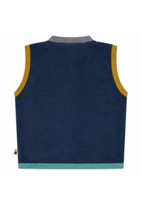 Marineblaue ärmellose Weste mit senfgelbem Armausschnitt, türkisfarbigem Saum und einem gerollten gestreiften Kragen auf der Rückseite.