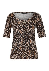 Top en imprimé léopard avec un col rond, des manches courtes et des accents de perles décoratives. Fabriqué en tissu extensible dans des teintes de brun et de noir.