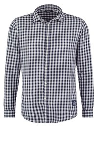 Camicia a maniche lunghe a scacchi blu navy e bianca con colletto button-down, patta frontale e etichetta in basso a sinistra. Materiale in cotone.