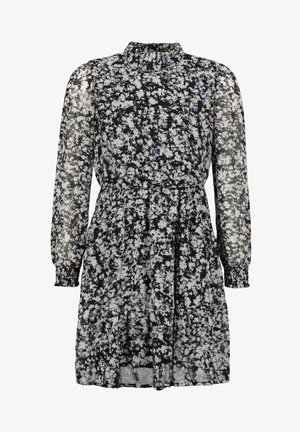 Sort gennemsigtig langærmet kjole med små hvide og lavendelblomsterprint, høj hals, elastisk talje og rynkede manchetter.