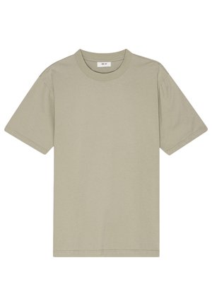 T-shirt en coton couleur olive avec un col rond classique, des manches courtes et une coupe décontractée. Design minimaliste, sans motifs ni accents.