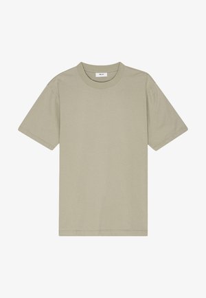 Oliven grøn bomulds t-shirt med en klassisk rund hals, korte ærmer og en afslappet pasform. Minimalistisk design, ingen mønstre eller accenter.