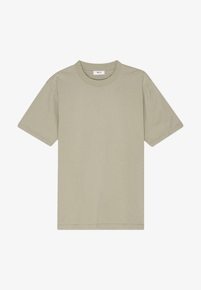 Olive green cotton t-shirt with a classic crew neckline, short sleeves, and a relaxed fit. Minimalist design, no patterns or accents.